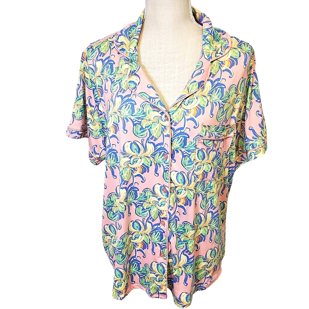 LAUREN JAMES | Women's pink tropical floral button-front pajama top. Size XXL.